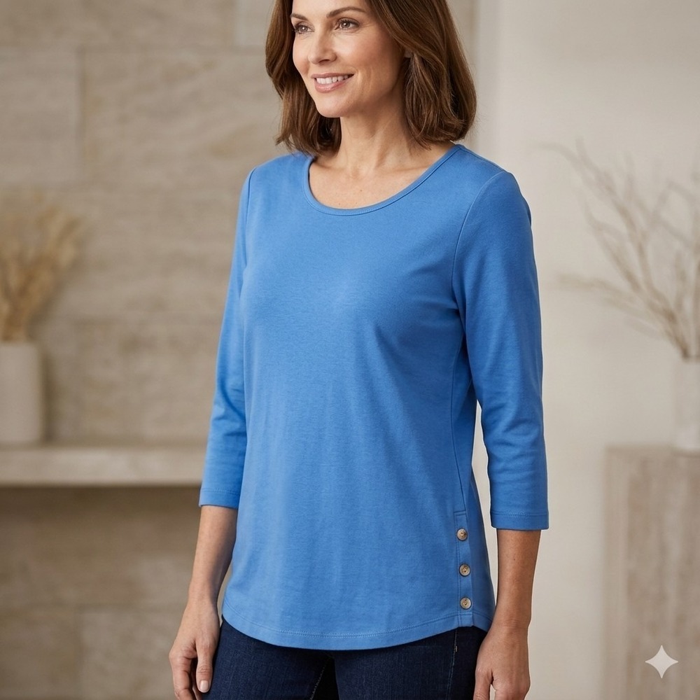 LL Bean Womens M Blue Supima Cotton 3/4 Sleeve Side Button Top Keyhole Back